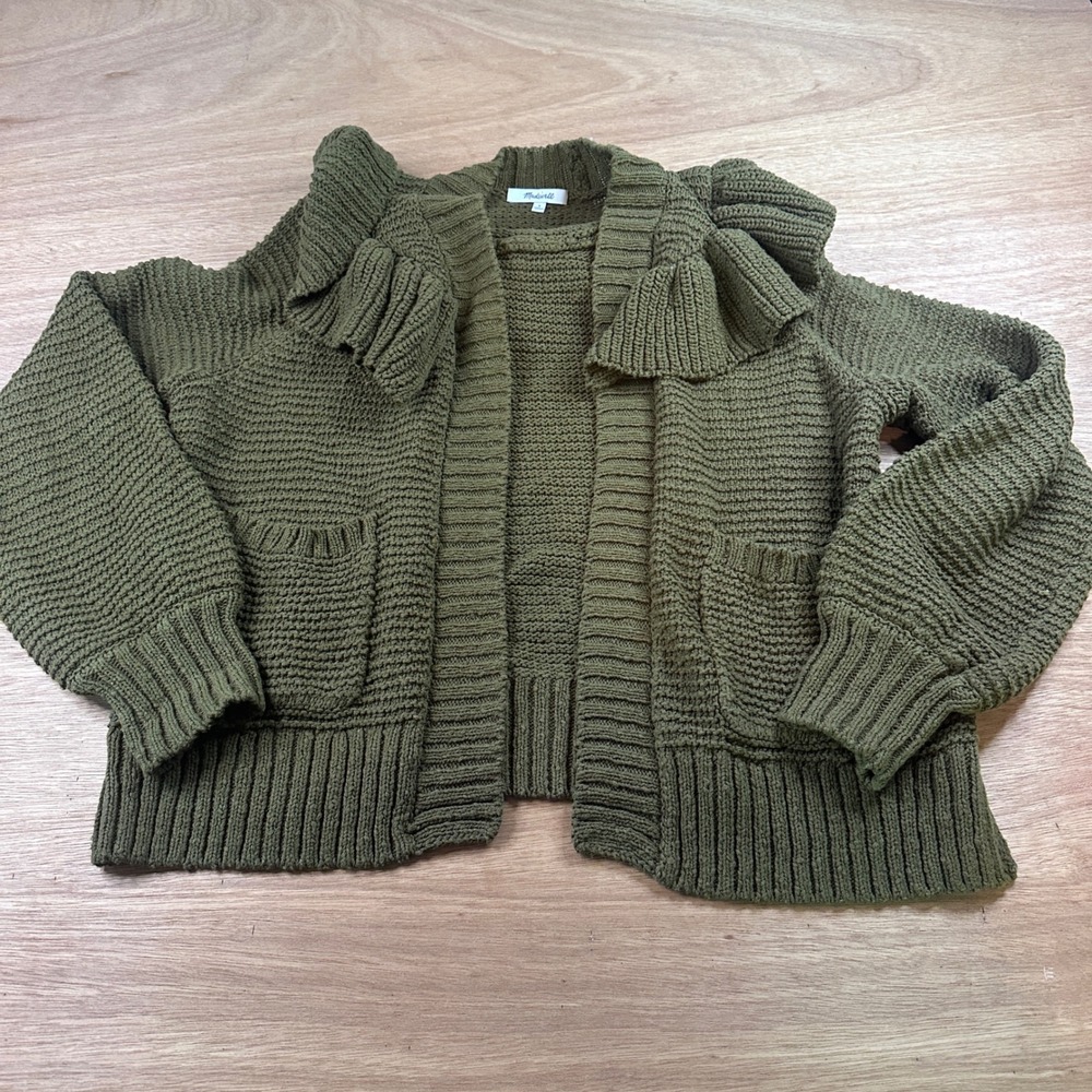 Madewell Olive Green Ruffle Collar Chunky Knit Cardigan Sweater Small